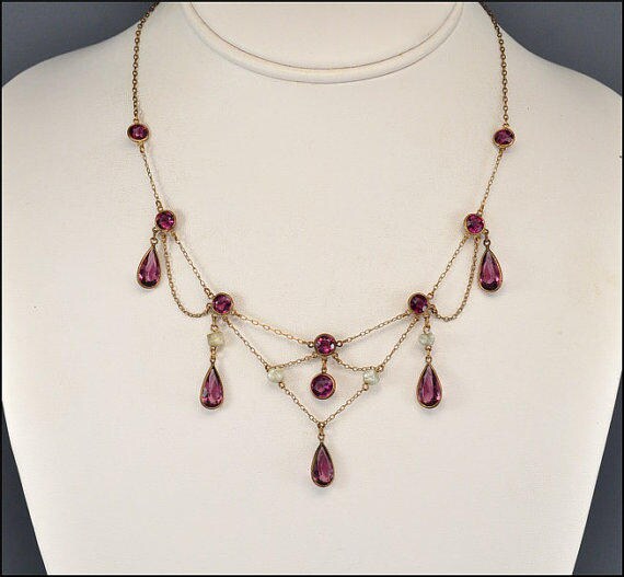 Antique Edwardian Festoon Necklace Amethyst Glass… - image 8