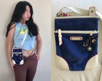 Vintage Y2K Juicy Couture crossbody velour bag purse shoulder bag 2000s navy blue velvet white patent leather charms harajuku chic egirl