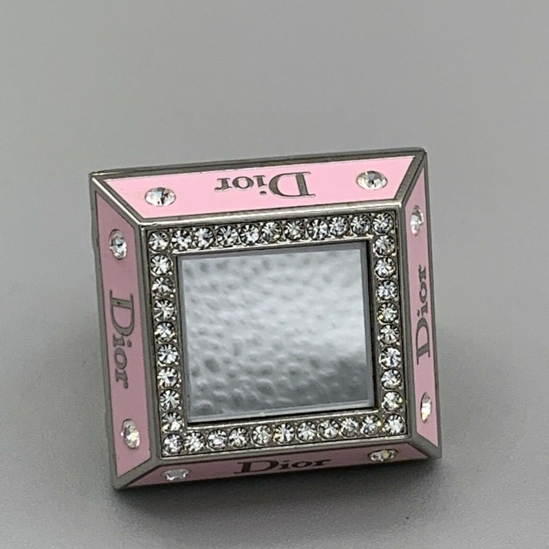 Vintage Y2k Christian Dior Princess lip gloss ring silver pink enamel crystal mirror large ring 2000 statement Harajuku square John Galliano 