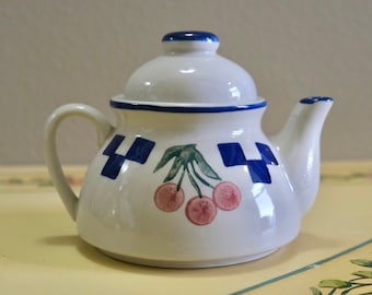 Vintage hand painted pottery ceramic cherry teapot stoneware blue white pink checkered French country farmhouse chic minimal