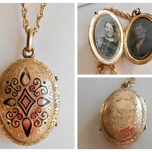 Antique Victorian 1800s pre Civil War locket rolled gold black enamel locket chain necklace hand engraved ornate mourning tintype photo