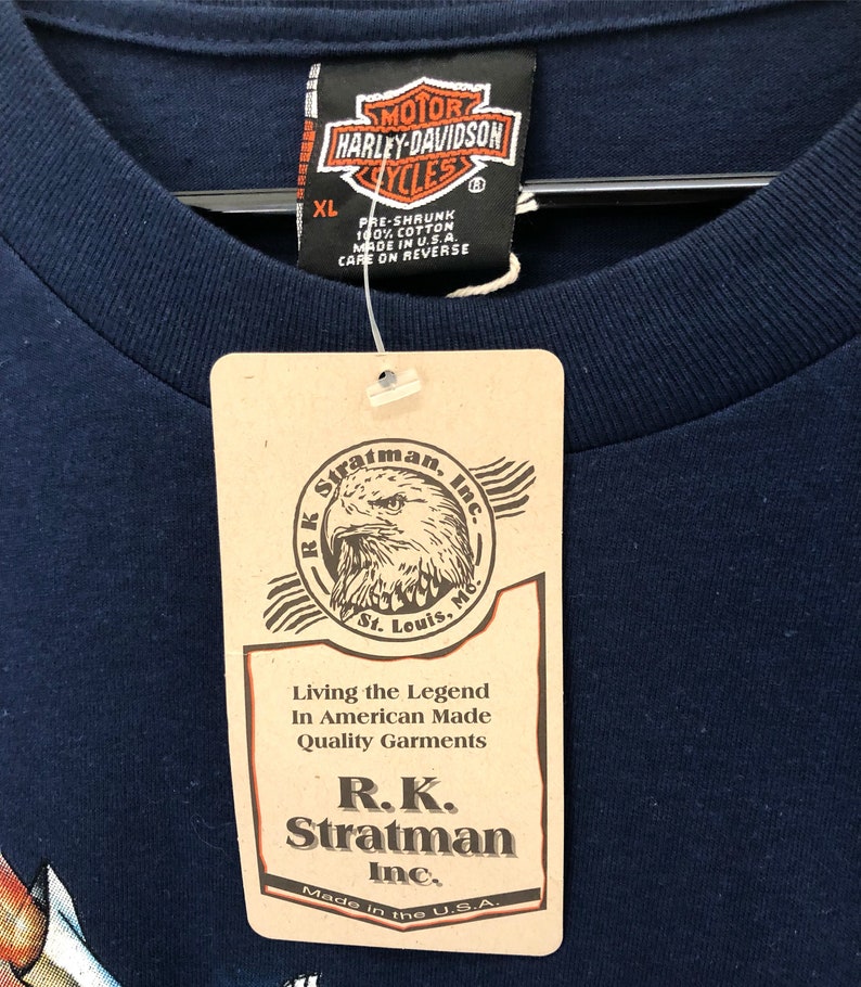 Vintage 1990s 1998 deadstock NWT Harley Davidson Seattle Washington skyline futuristic mechanic graphic tee eagle motorcycle XL navy blue