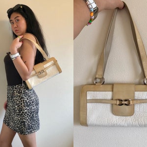 Vintage Y2K Stuart Weitzman patent leather white beige long baguette purse shoulder bag silver hardware egirl 2000s designer hobo