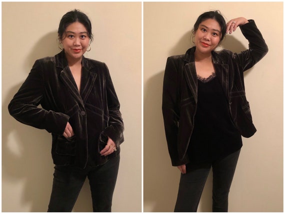 Vintage 90s Y2k Dark Green Velvet Blazer Jacket Bias Cut