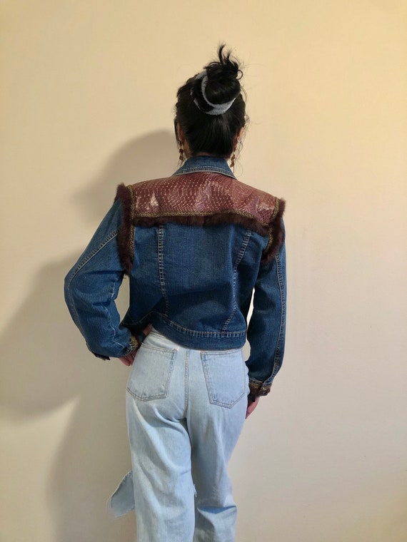 Vintage 90s genuine leather fur denim jean jacket… - image 4