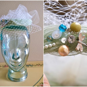 Vintage 50s mint green white fascinator hat headpiece veil tulle faux pearl beaded bridesmaid tiara bridal pinup dragonfly