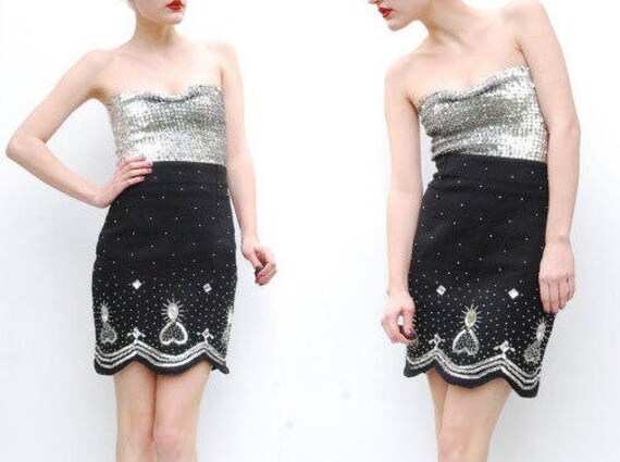 80s Black Sequin Mini Skirt Party Skirt GLAM Skirt fitted Skirt