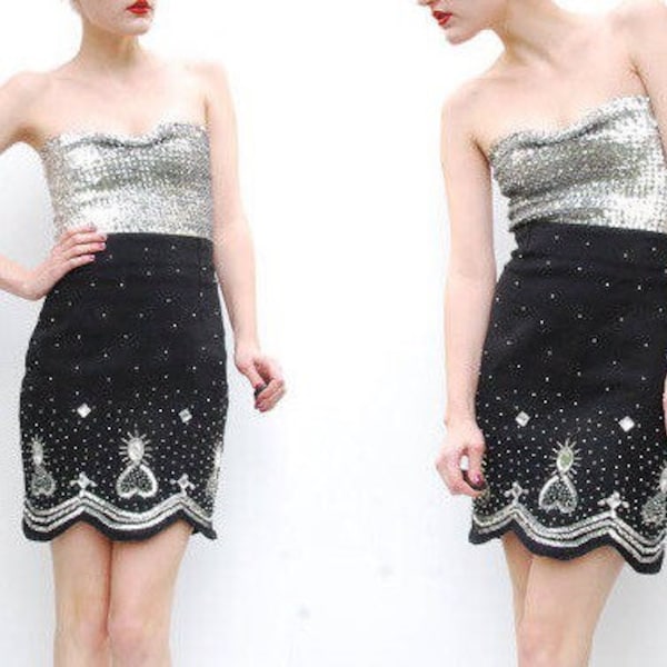 80s Black Sequin Mini Skirt - Party Skirt - GLAM Skirt -Fitted Skirt - Gems // Jewels - Beaded - Scalloped Hem - 4 6 S disco grunge denim