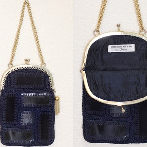 Vintage 1970s navy genuine leather suede crochet puzzle boho purse by Solar Italy gold tone kiss closure chain metal tassels romantic