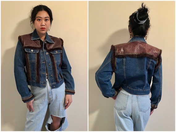 Vintage 90s genuine leather fur denim jean jacket… - image 1