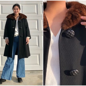 vintage 50s 60s brown genuine mink fur collar wool overcoat pea coat black Forstmann Union made pockets mod pinup lucite buttons trench