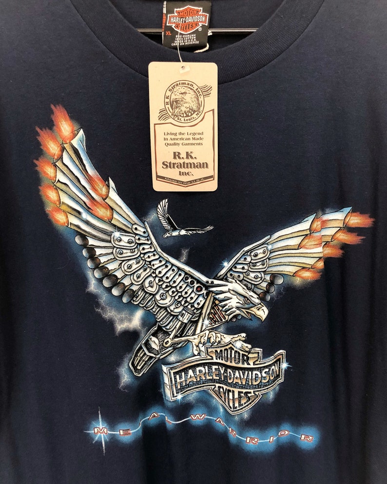 Vintage 1990s 1998 deadstock NWT Harley Davidson Seattle Washington skyline futuristic mechanic graphic tee eagle motorcycle XL navy blue