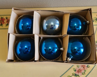 LARGE se of 6 Vintage 40s 50s midcentury blue Mercury glass bulb ornaments original box