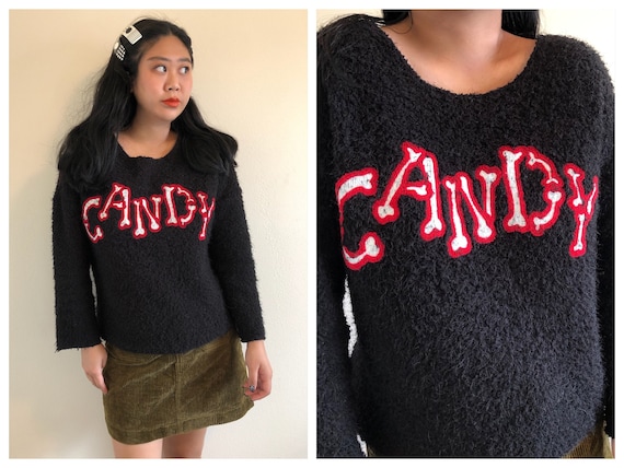 Vintage Y2K 2000s Black red Candy sweater crewnec… - image 1