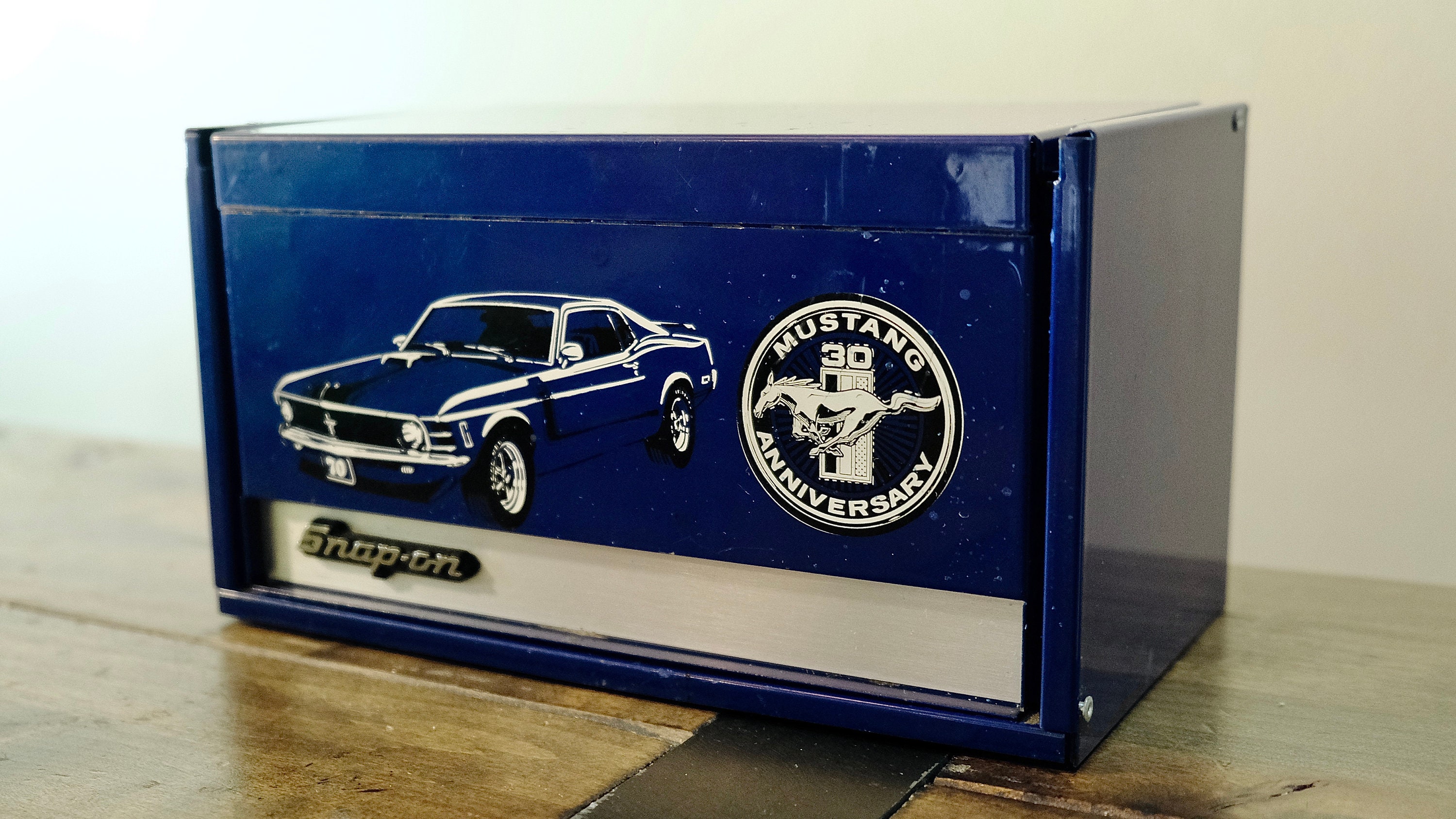 Rare Vintage 90s Mini Snap on Tool Box Ford Mustang 30th Anniversary 1995  Licensed Classic Cars Navy Blue Drawers Industrial Decor 