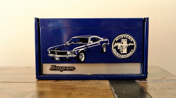 Rare Vintage 90s Mini Snap on Tool Box Ford Mustang 30th Anniversary 1995  Licensed Classic Cars Navy Blue Drawers Industrial Decor 