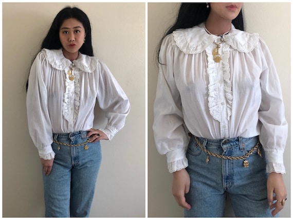 60s style 90s Plaid Tie Up Crop Top with Lace Frill Collar