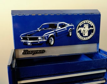 Rare Vintage 90s Mini Snap on Tool Box Ford Mustang 30th Anniversary 1995  Licensed Classic Cars Navy Blue Drawers Industrial Decor 