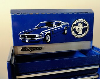 Rare Vintage 90s Mini Snap on Tool Box Ford Mustang 30th Anniversary 1995  Licensed Classic Cars Navy Blue Drawers Industrial Decor 