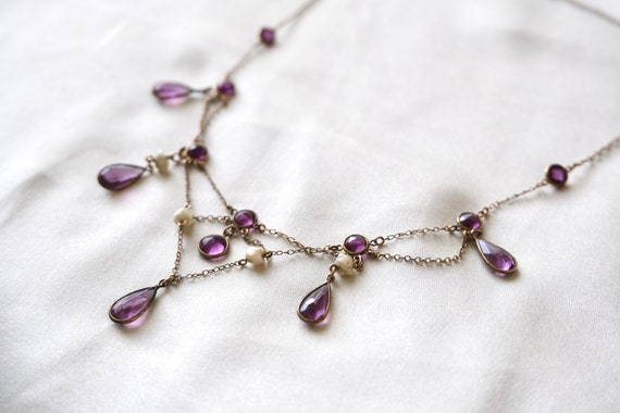 Antique Edwardian Festoon Necklace Amethyst Glass… - image 4