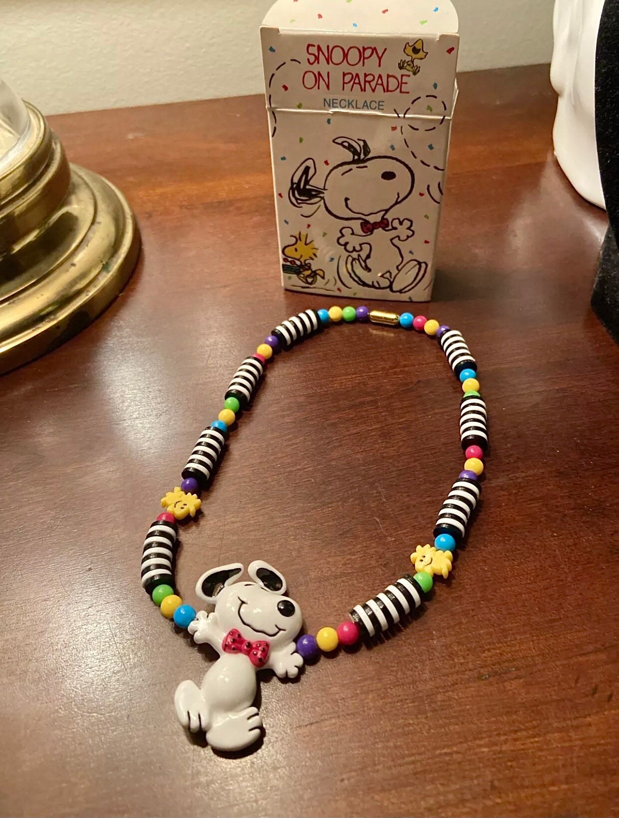 Vintage 90s Peanuts Snoopy Woodstock beaded lucite choker necklace Avon original box brand new deadstock colorful Y2K 80s