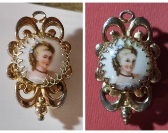 Vintage 40s does Gerogian handpainted miniature Limoges porcelain cameo pendant Victorian Lady Dog Tooth gold tone Rococo Baroque romantic