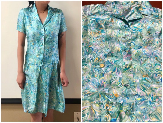 vintage 60s does 20s mod groovy teal blue silk sat