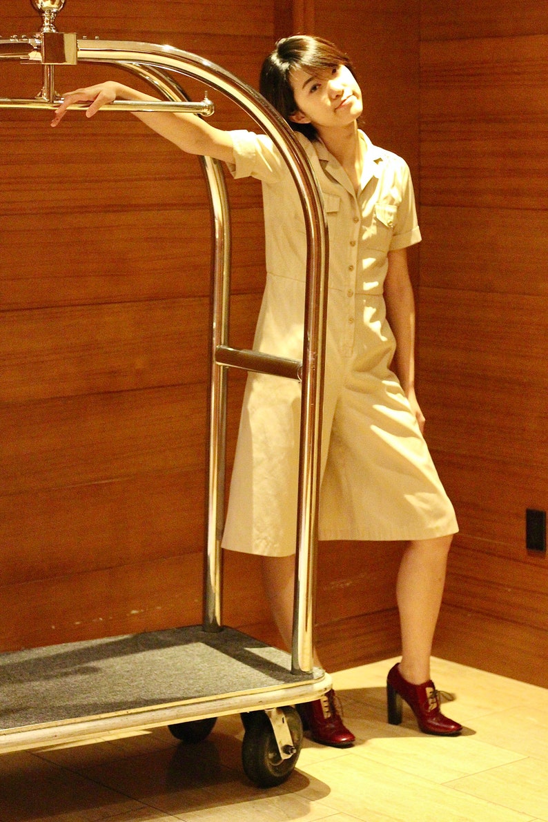 Vintage true 1940s beige tan French workwear shortsleeved flare shorts jumpsuit broilersuit romper button up pockets chic image 6