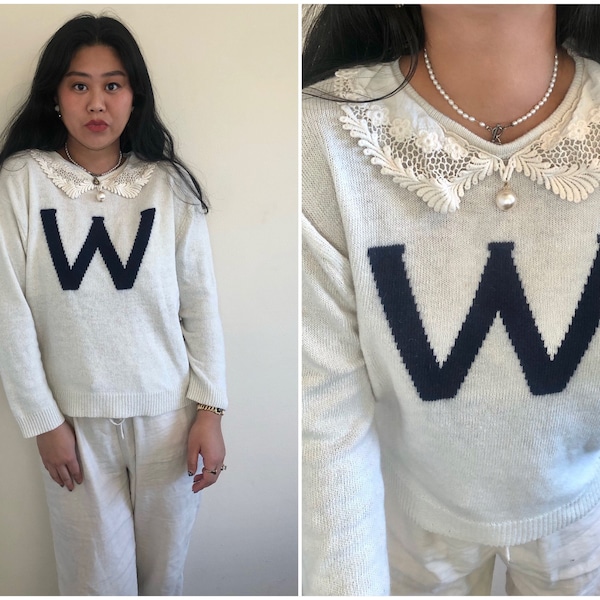 Vintage letter W white sweater crochet peter pan collar faux pearl UW University of Washington monogram navy blue fuzzy preppy