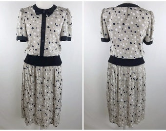 Vintage JSJ 70s 80s polka dot knitted detail dress pleated skirt bow mod