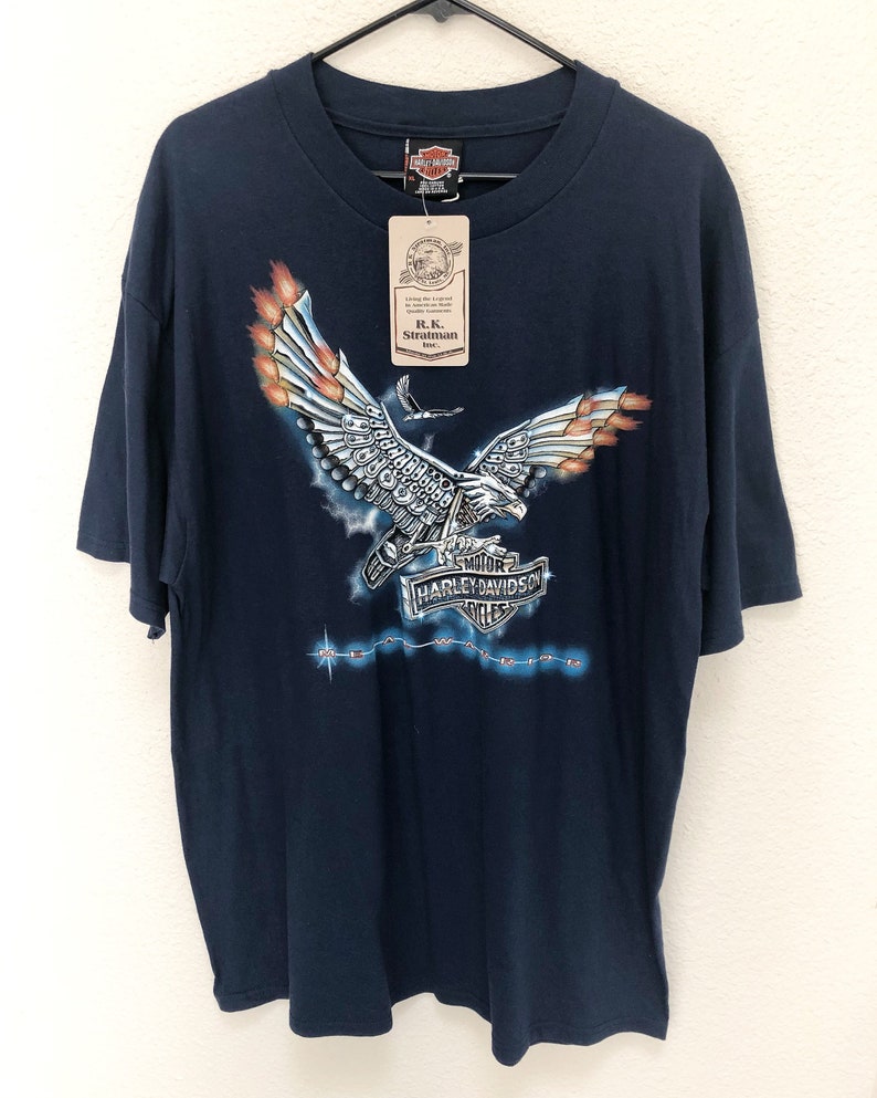 Vintage 1990s 1998 deadstock NWT Harley Davidson Seattle Washington skyline futuristic mechanic graphic tee eagle motorcycle XL navy blue