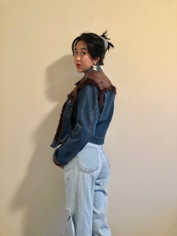 Vintage 90s genuine leather fur denim jean jacket… - image 3