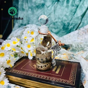 Könnte beinhalten: Eine klare Glasflasche mit kugelförmigem Verschluss, die eine zusammengerollte Schlangenhaut enthält. Ein beiges Lederband ist um den Flaschenhals gebunden und mit einem silberfarbenen Metallanhänger in Form eines Auges mit Tränen versehen.