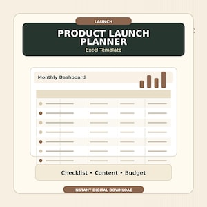 Op de afbeelding: Een digitaal Excel-sjabloon voor een productlancering-planner met een donkergroene kop en witte tekst Product Launch Planner. De interface bevat een maandelijks dashboard met een staafdiagram, een takenlijst en secties voor checklist, content en budget.