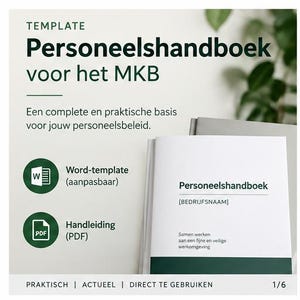 Może przedstawiać: Cyfrowy szablon podręcznika pracownika dla małych firm, zawierający tekst 'Personeelshandboek voor het MKB'. Zawiera szablon programu Word i instrukcję w formacie PDF, ze stroną tytułową z napisem 'Personeelshandboek' i '[BEDRIJFSNAAM]'.