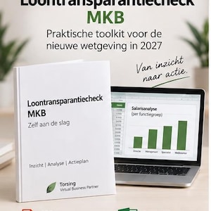 Könnte beinhalten: Ein weißes Dokument mit dem Titel Loontransparantiecheck MKB Zelf aan de slag, einem grünen Blatt-Logo und dem Text Torsing Virtual Business Partner, neben einem Laptop, der ein Balkendiagramm Salarisanalyse per functiegroep sowie PDF- und Excel-Symbole zeigt.