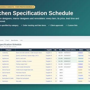 May include: A digital spreadsheet template titled Kitchen Specification Schedule for Excel and Google Sheets. The interface displays columns for reference, room, category, item, supplier, quantity, total cost, delivery date, status, and approval.