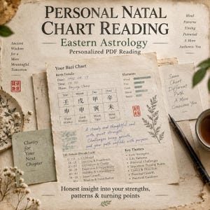 May include: A printed document titled Personal Natal Chart Reading Eastern Astrology featuring a Bazi chart with Chinese characters, birth details, element bars, and life period timelines on textured paper with botanical illustrations and text.
