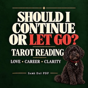 Puede incluir: Un gráfico verde oscuro con el texto SHOULD I CONTINUE OR LET GO? TAROT READING LOVE CAREER CLARITY SAME DAY PDF. Un perro pequeño y peludo de color negro, con un collar rojo y un dije de yin-yang, está sentado en la esquina inferior derecha.