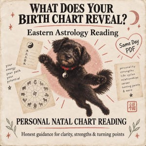 May include: A digital graphic featuring a black dog wearing a red collar with a yin-yang tag. Text includes: What Does Your Birth Chart Reveal? Eastern Astrology Reading, Same Day PDF, Personal Natal Chart Reading, and various astrological symbols.