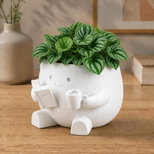 Könnte beinhalten: Ein weißer Keramikübertopf in Form einer sitzenden Figur mit lächelndem Gesicht, die in einer Hand ein kleines Buch und in der anderen eine Tasse hält. Der Übertopf enthält eine Peperomia argyreia mit grün-silbern gestreiften Blättern.