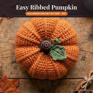 Peut inclure: Une citrouille au crochet avec une texture côtelée orange, une tige centrale marron foncé et une feuille verte. Le texte Easy Ribbed Pumpkin HALLOWEEN CROCHET PATTERN PDF est affiché en haut de l'image.