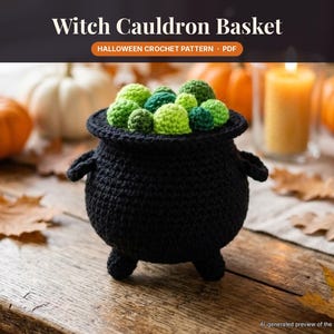 Op de afbeelding: Een zwarte gehaakte heksenketelmand gevuld met kleine, ronde, groene en limoenkleurige gehaakte bolletjes. De tekst Witch Cauldron Basket en Halloween Crochet Pattern PDF is zichtbaar bovenaan de afbeelding.