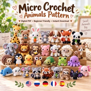 May include: A collection of small, handcrafted crochet animals including a giraffe, bear, rabbit, cat, dog, fox, panda, elephant, lion, monkey, pig, cow, sheep, deer, hedgehog, penguin, chick, owl, turtle, frog, octopus, whale, seal, mouse, raccoon, red panda, koala, sloth, bat, and axolotl.