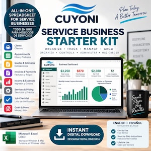 Puede incluir: Un kit de inicio para negocios de servicios en formato de hoja de cálculo Microsoft Excel mostrado en una pantalla de portátil. El panel de control presenta gráficos de ingresos, gastos y beneficios, junto con iconos para clientes, citas, presupuestos y facturas.