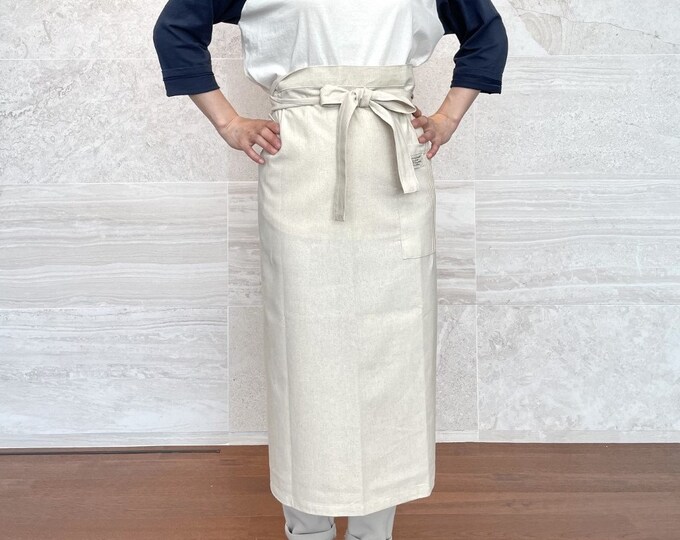 cozymomdeco Half Apron Japanese Style Cross Front Smock Natural Beige Linen with Pocket 42.1"Wx 31.5"L