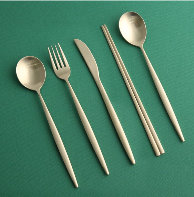 Korean Utensil Flatware Gold color stainless steel Set of 5 Etsy