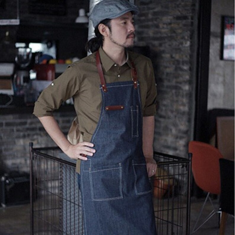 Free shipping-Premium Gift for woman and man Chef Works Handmade Apron Japanese Cross Back Blue denim real cow leather