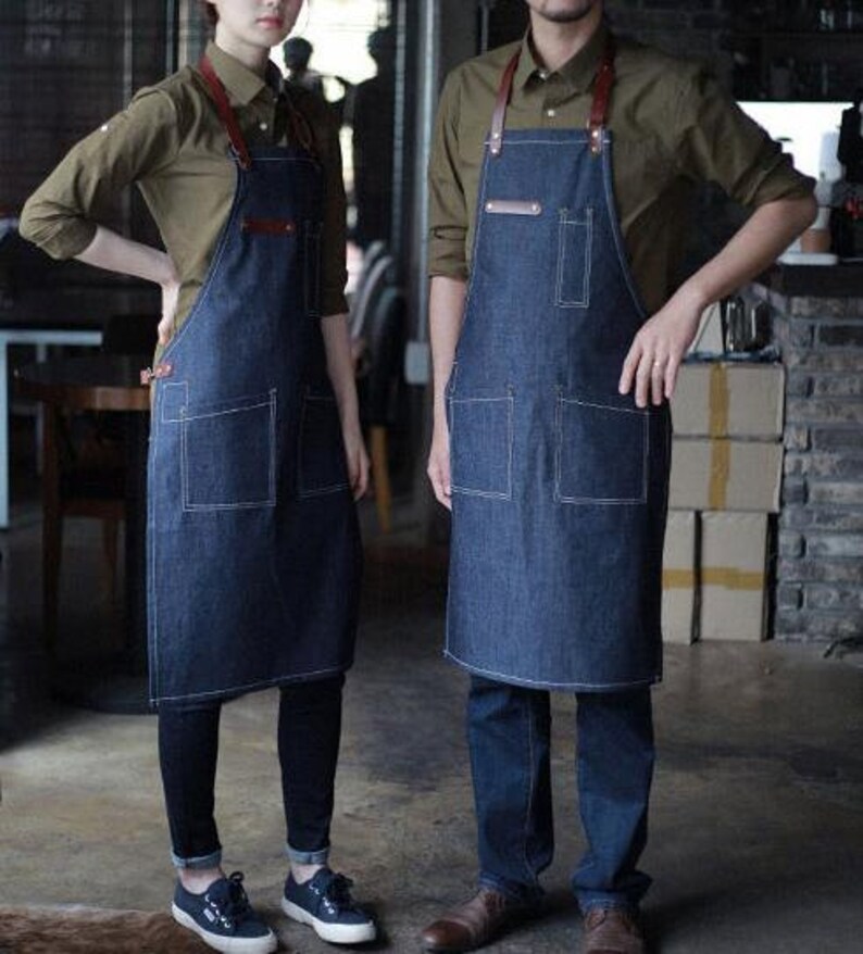 Free shipping-Premium Gift for woman and man Chef Works Handmade Apron Japanese Cross Back Blue denim real cow leather