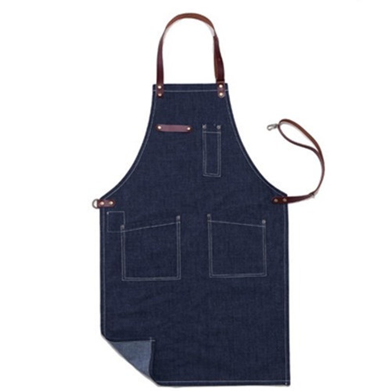 Free shipping-Premium Gift for woman and man Chef Works Handmade Apron Japanese Cross Back Blue denim real cow leather